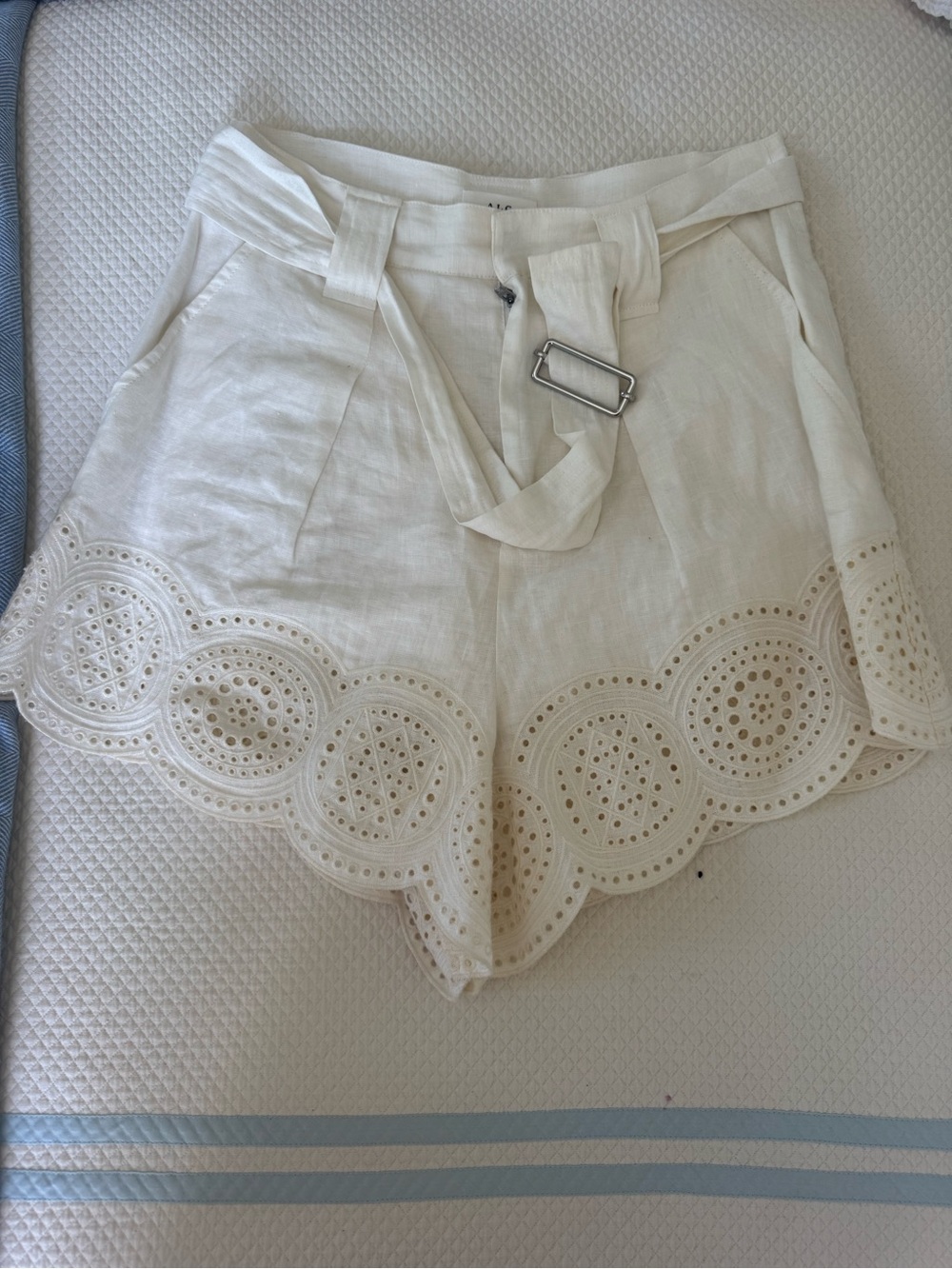 A.L.C. Cream High-Waist Eyelet Scallop Hem Shorts with Belt